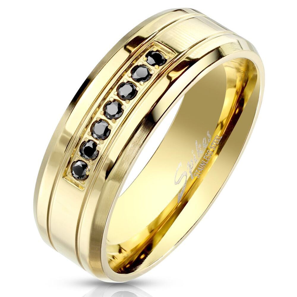 Stainless steel gold band with black 7 CZs 8mm width tarnish resistant size 11